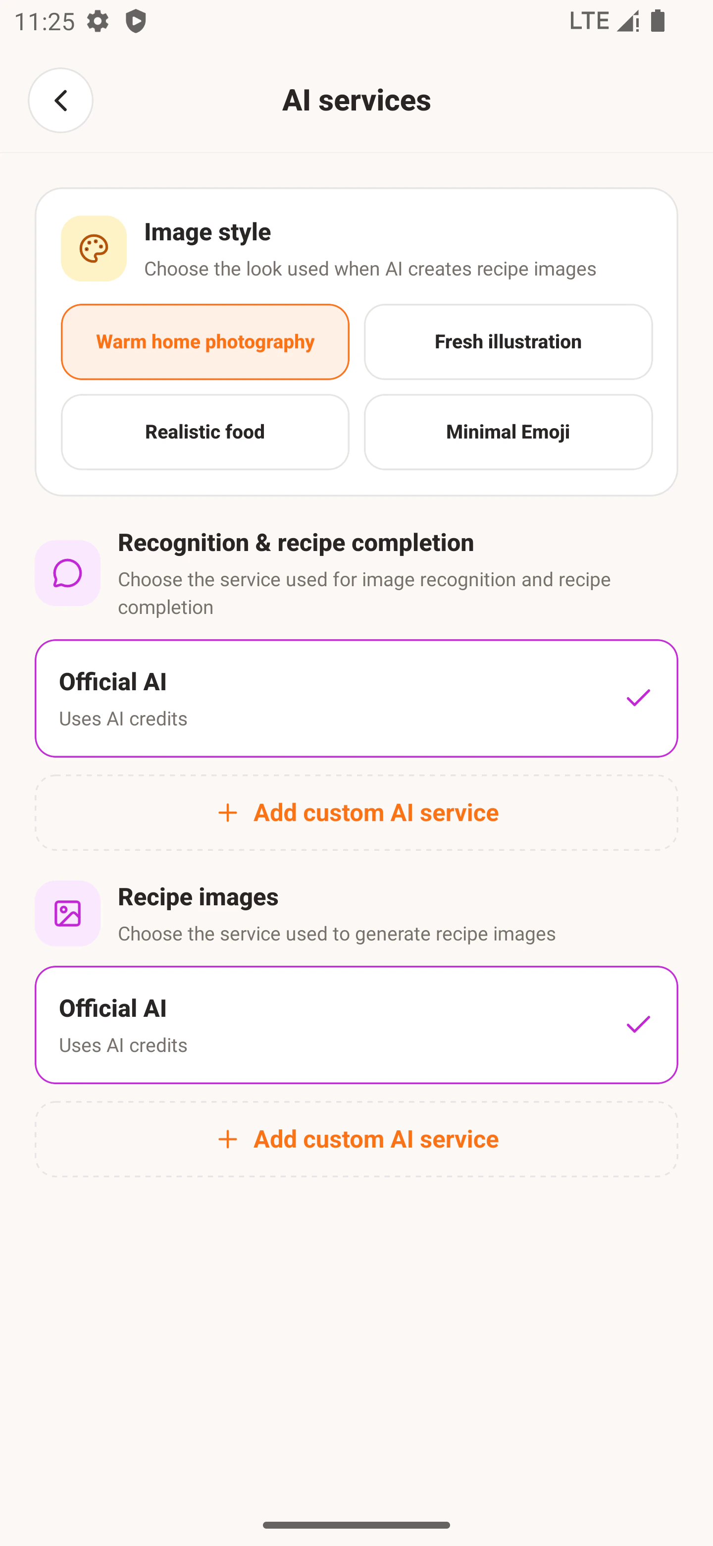 YumDay AI service settings screen
