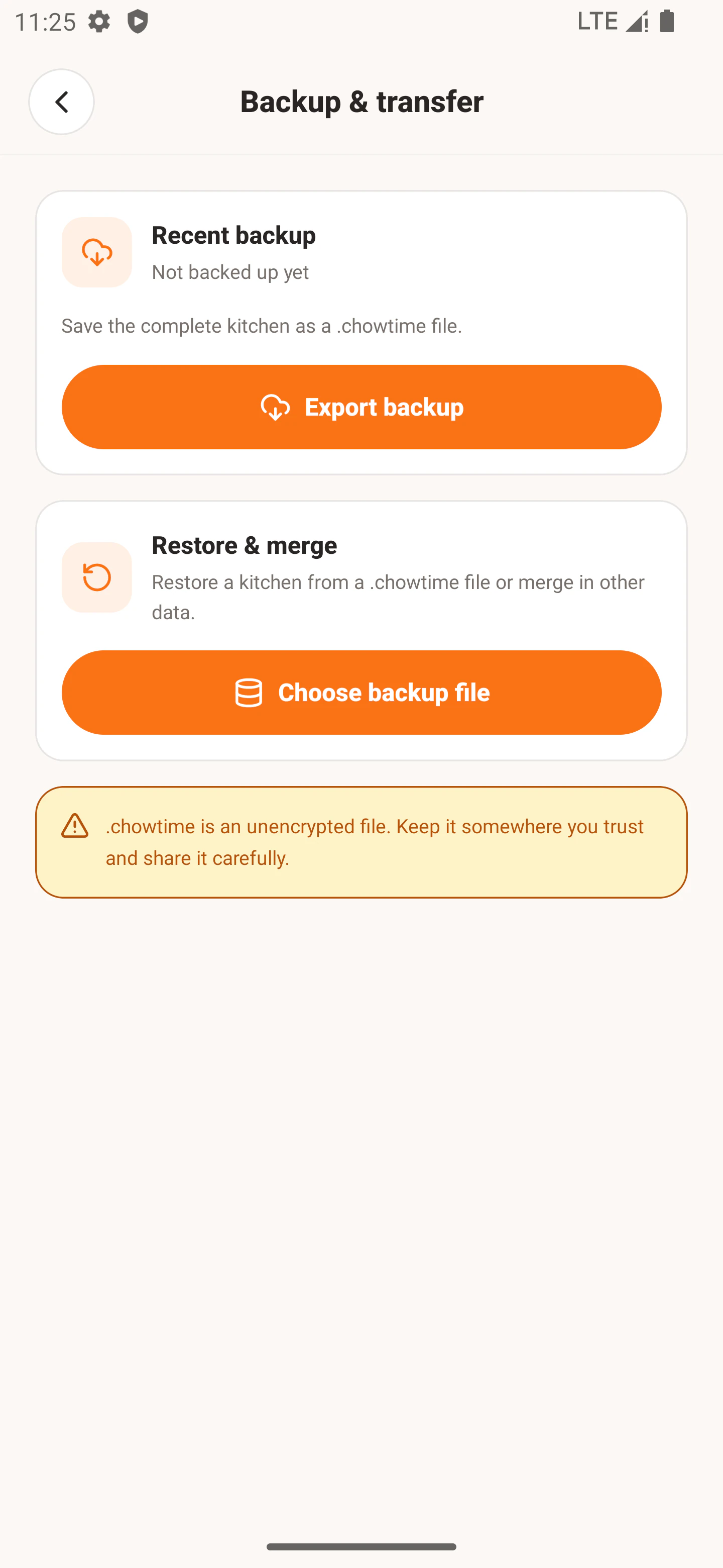 YumDay backup and transfer screen