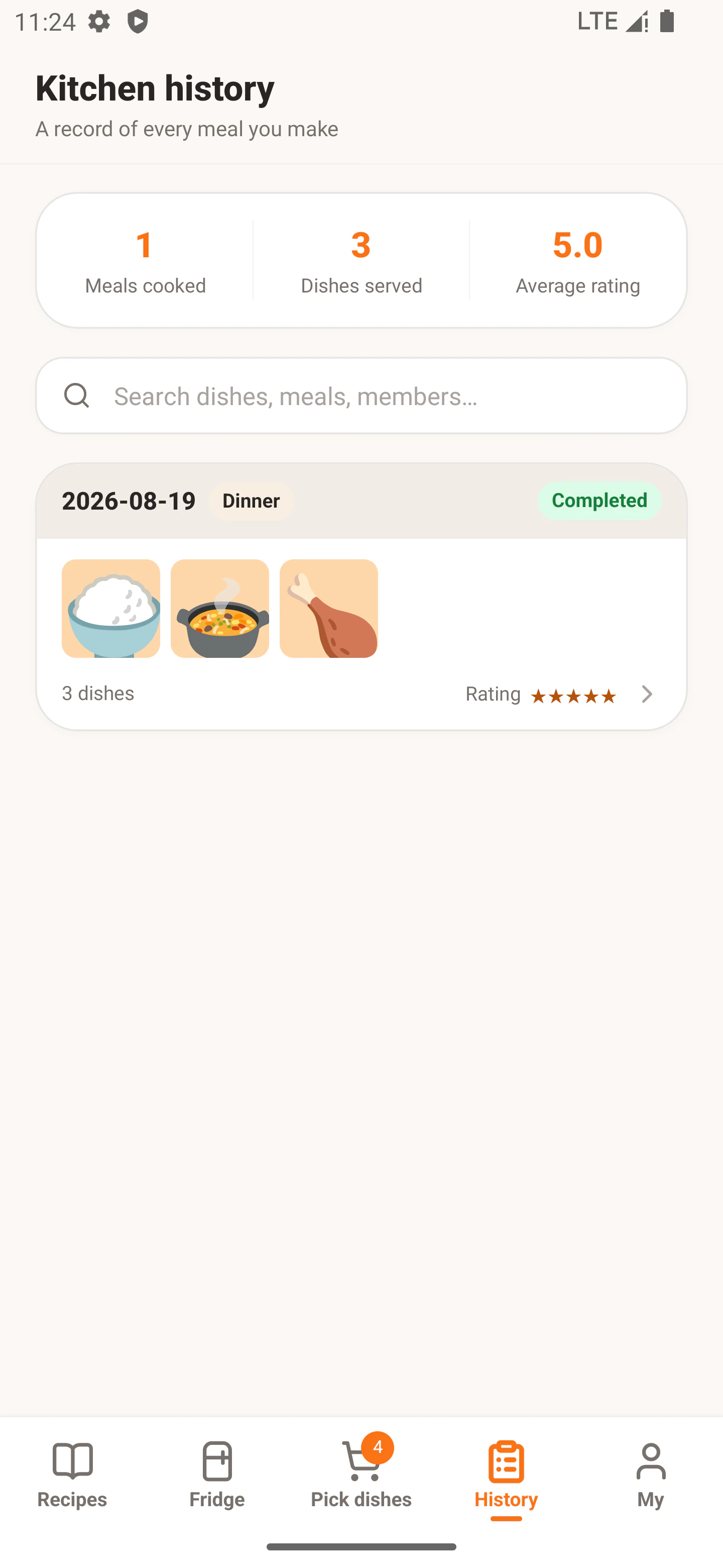 YumDay meal history screen